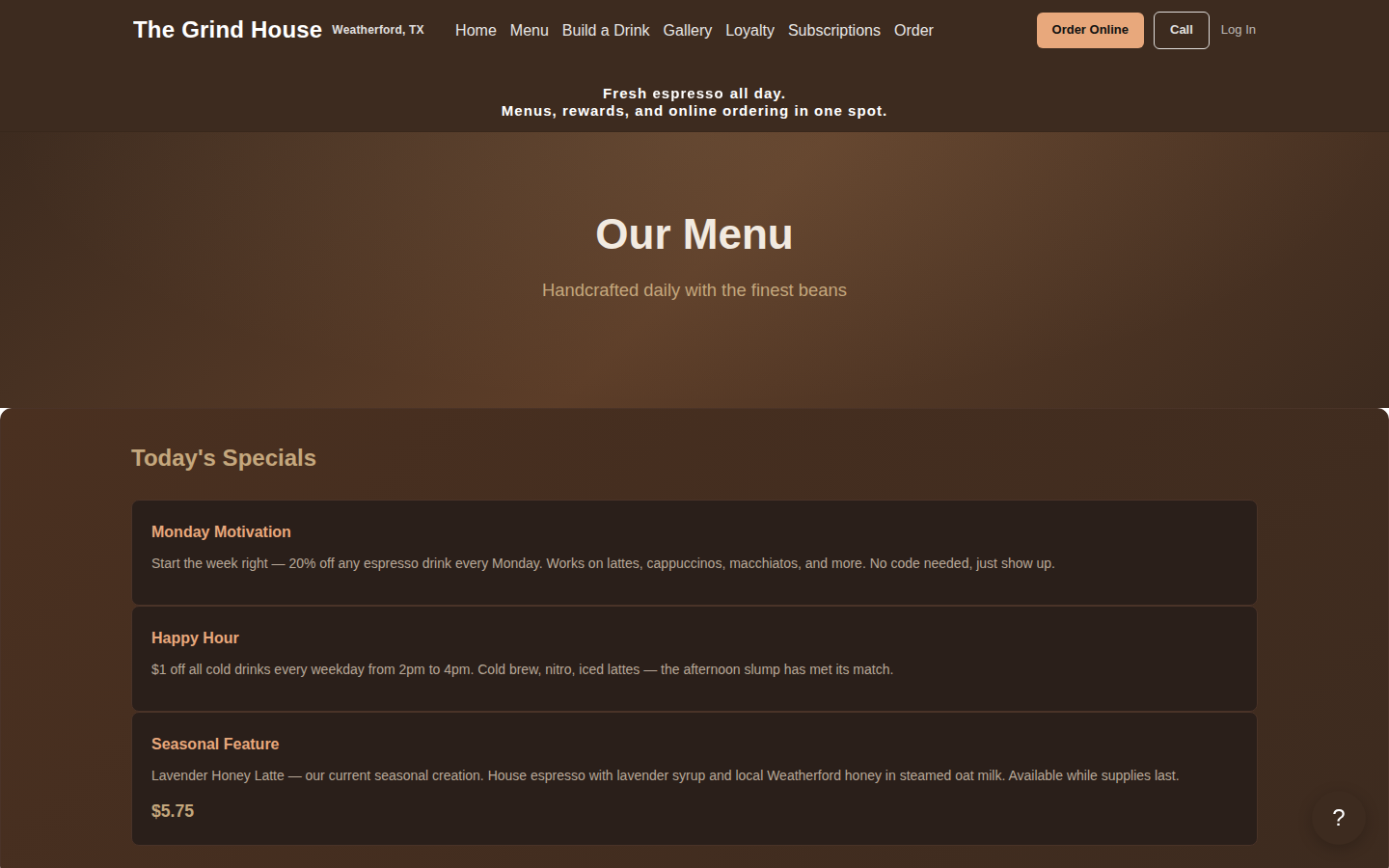 Coffee Shop Demo desktop feature