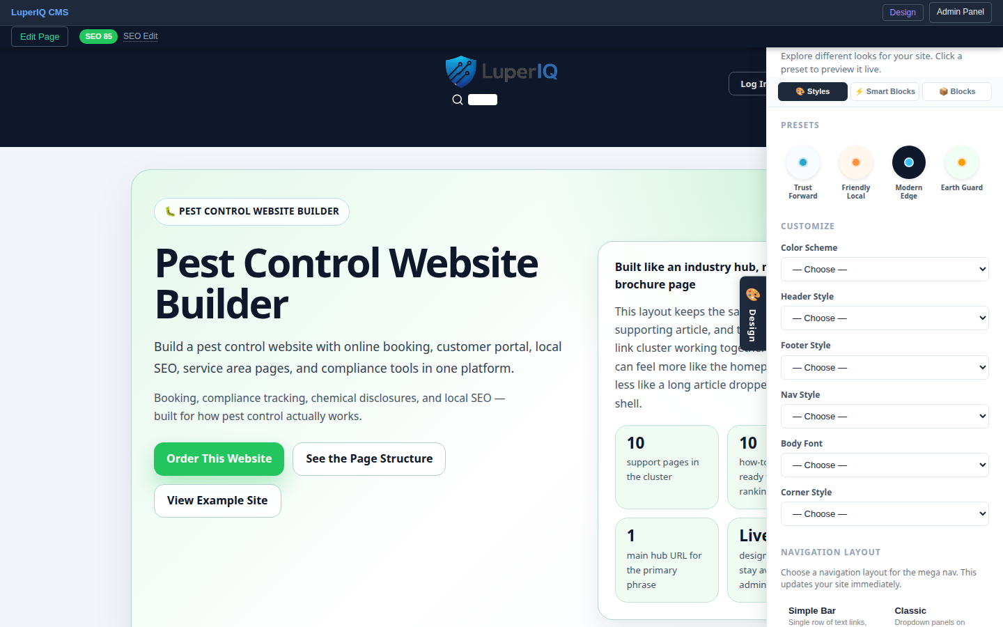 LuperIQ Main Site feature with design drawer