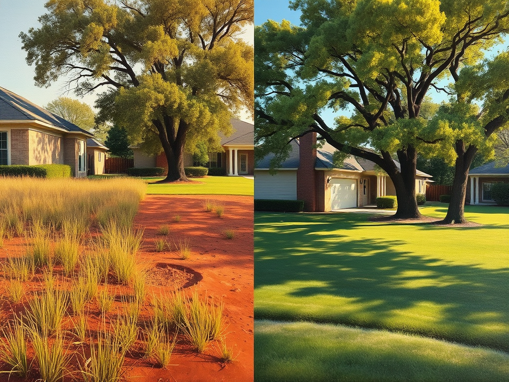Oil painting showing contrasting landscaping service area pages for Texas and Oklahoma soil conditions