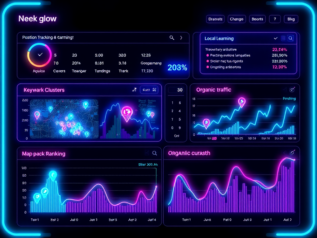 Neon data visualization showing landscaping SEO keyword ranking dashboard