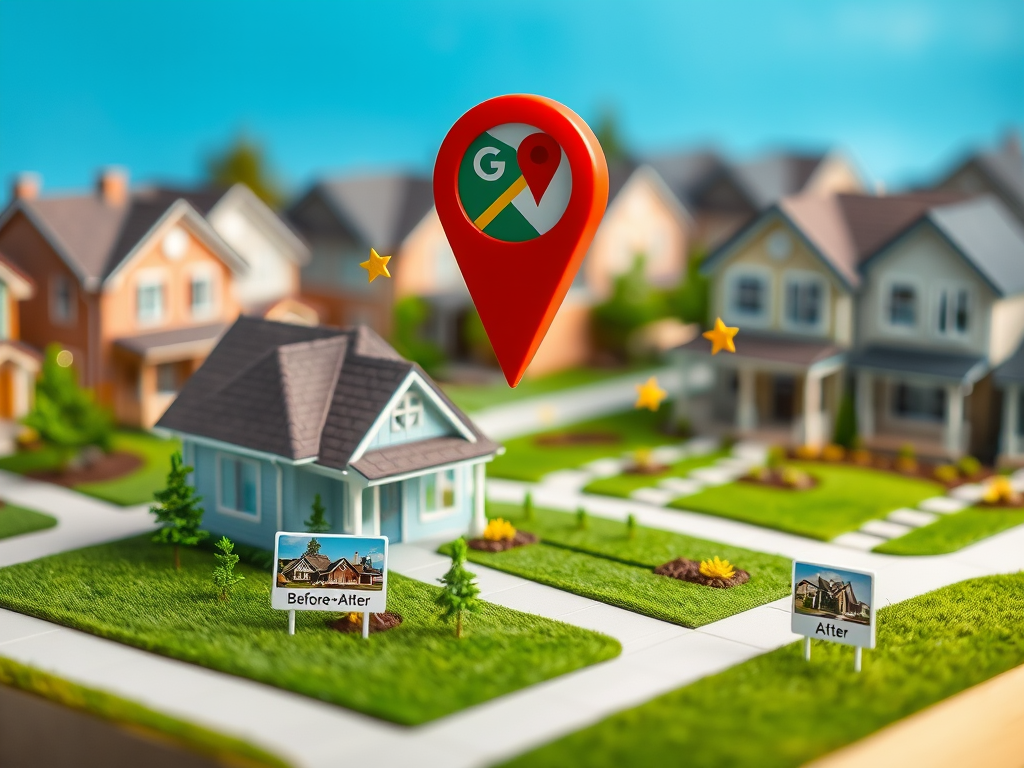 Tilt-shift neighborhood model showing landscaping SEO local search signals